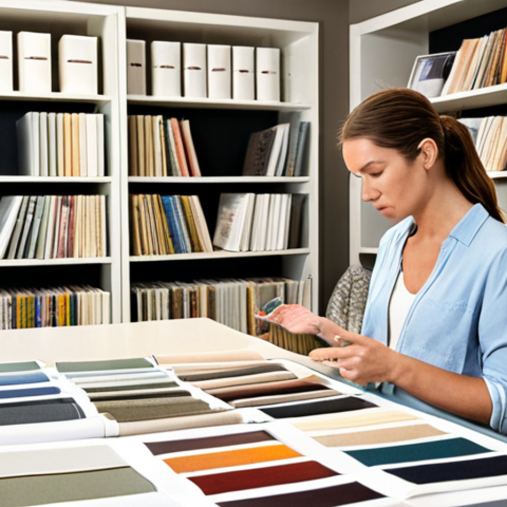 **

A bright, modern home design studio. In the foreground, a designer is actively listening to a client, reviewing fabric swatches and mood boards together. The atmosphere is collaborative and friendly. Soft, natural lighting. The background features organized shelves with design books and material samples.

**