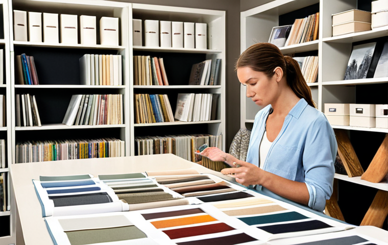 **

A bright, modern home design studio. In the foreground, a designer is actively listening to a client, reviewing fabric swatches and mood boards together. The atmosphere is collaborative and friendly. Soft, natural lighting. The background features organized shelves with design books and material samples.

**