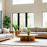 A bright, airy living room showcasing biophilic design. Large windows reveal a lush garden. Indoor plants thrive, including a living wall. Natural light streams in, highlighting the organic textures of wood furniture and linen upholstery. A calming and inviting space promoting relaxation.