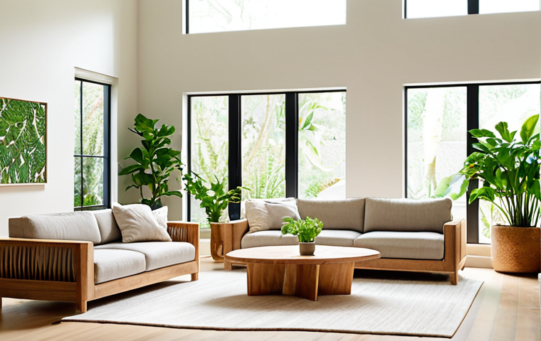 A bright, airy living room showcasing biophilic design. Large windows reveal a lush garden. Indoor plants thrive, including a living wall. Natural light streams in, highlighting the organic textures of wood furniture and linen upholstery. A calming and inviting space promoting relaxation.