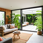 A bright, modern living room seamlessly merging with a lush, sun-drenched patio through expansive, multi-panel sliding glass doors. The interior features abundant indoor plants like ferns and monsteras, natural wood finishes, and woven textiles, embodying biophilic design principles. The outdoor space includes comfortable lounge furniture and a vibrant vertical garden, creating an extended living area that invites nature in. Architectural photography style, emphasizing natural light and an open, serene atmosphere.