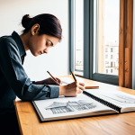 A professional architect in a modest business casual outfit, intensely focused on sketching initial home design concepts in a large, open sketchbook. The setting is a minimalist, sun-drenched architectural studio with warm wooden textures and large windows offering a blurred cityscape view. A range of graphite pencils and fine-liner pens are neatly arranged on the desk beside a stack of reference books. The atmosphere is quiet and contemplative, capturing the essence of intuitive, creative flow.