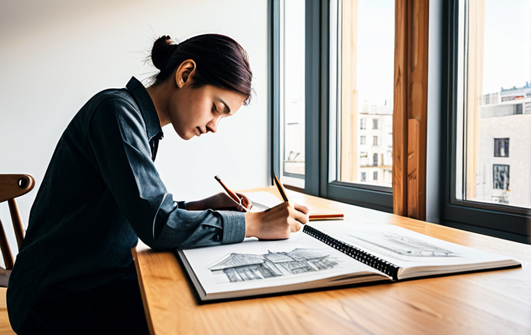 A professional architect in a modest business casual outfit, intensely focused on sketching initial home design concepts in a large, open sketchbook. The setting is a minimalist, sun-drenched architectural studio with warm wooden textures and large windows offering a blurred cityscape view. A range of graphite pencils and fine-liner pens are neatly arranged on the desk beside a stack of reference books. The atmosphere is quiet and contemplative, capturing the essence of intuitive, creative flow.