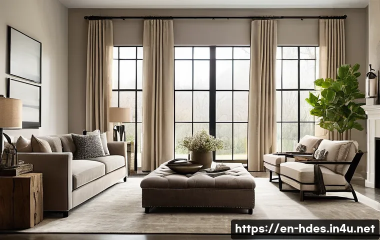 홈디자인 스타일별 사례 분석 - A cozy transitional living room blending traditional warmth and contemporary flair, featuring plush ...