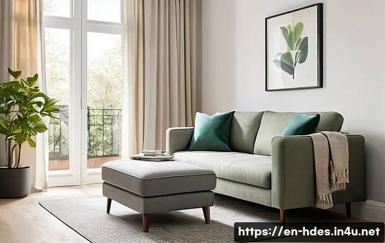 홈디자인 실내 공간 활용 아이디어 - A modern small apartment living room featuring a stylish sofa bed with clean lines, upholstered in n...